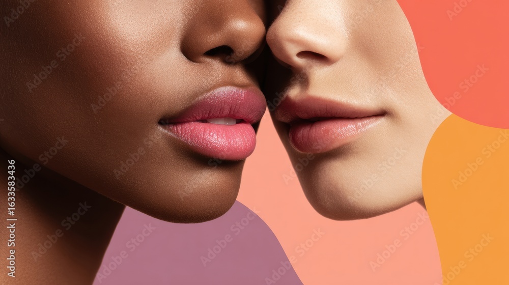 Poster multi-ethnic close-up showcasing cheeks and jawlines with a pastel background in a text-ready layout