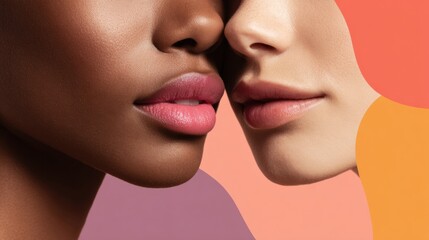 Obraz premium Multi-ethnic Close-Up Showcasing Cheeks and Jawlines With a Pastel Background in a Text-Ready Layout for Social Media Graphics and Artistic Presentations