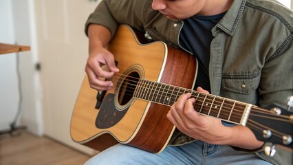 Fototapeta premium Acoustic Guitar Player in Blue Shirt and Jeans with Natural Wood Finish Instrument