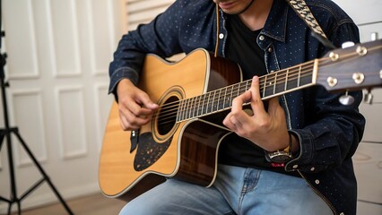 Acoustic Guitar Player in Blue Shirt and Jeans with Natural Wood Finish Instrument