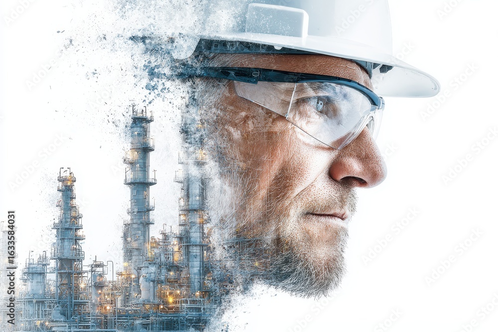 Aufkleber focused engineer working in an oil and gas refinery with a backdrop of industrial structures showcas