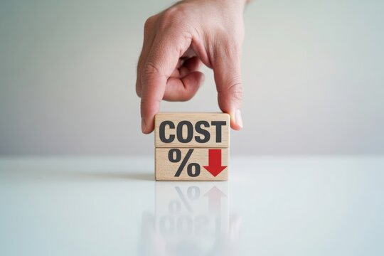 Hand places wooden block showing cost percentage decrease with downward arrow