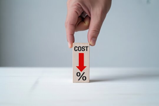 Hand holding wooden block showing cost reduction with downward arrow and percentage symbol