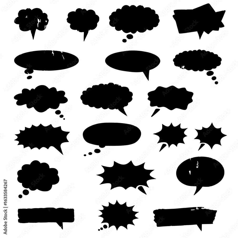 Aufkleber abstract speech bubbles: a collection of diverse black speech bubbles, each uniquely shaped and text