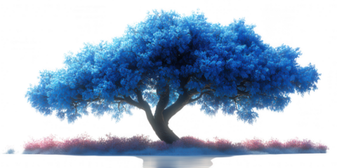 A vibrant blue leafy tree with a textured trunk stands majestically on a small mound of pink and white foliage isolated on transparent background