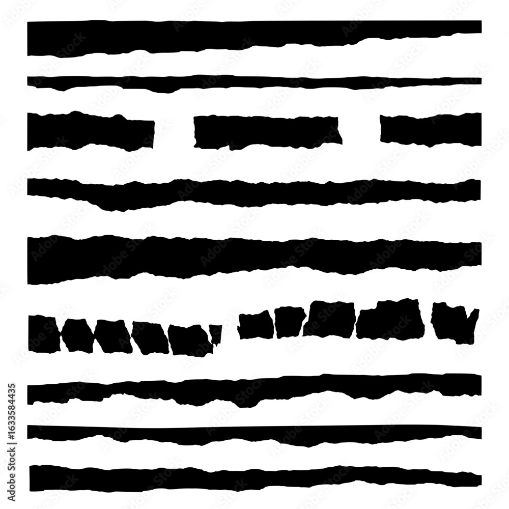 Poster torn paper edges: a set of unique torn paper edges, rendered in monochrome with ragged edges, offeri