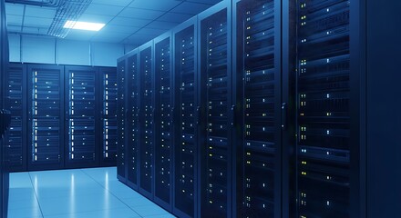 Modern server room with illuminated data racks, technology