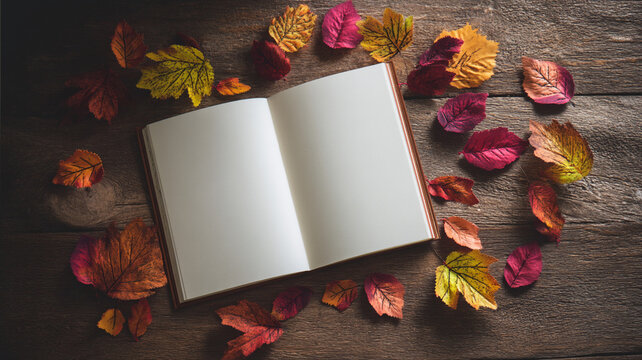 An open book with blank pages on a wooden background with colored autumn leaves. The concept of the autumn greeting and announcement.