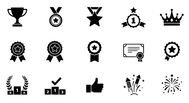 Symbolic Success: A collection of vector icons representing victory, achievement, and recognition. Including trophies, medals, and other symbols.