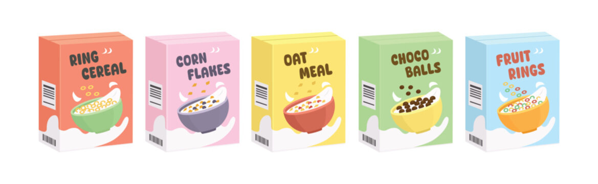 Collection of cereal box. Set of different cereal box. Supermarket product. Cereal packaging. Cereals cardboard product. Food packaging mockup. Cereal box label design.