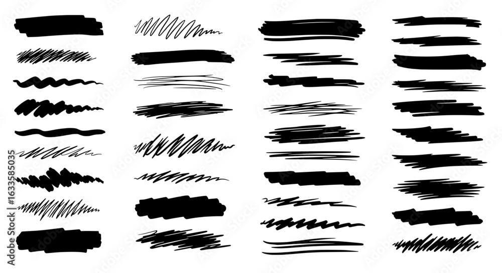 Poster ink stroke variety: a set of unique ink strokes showcase a spectrum of textures and styles, perfect 