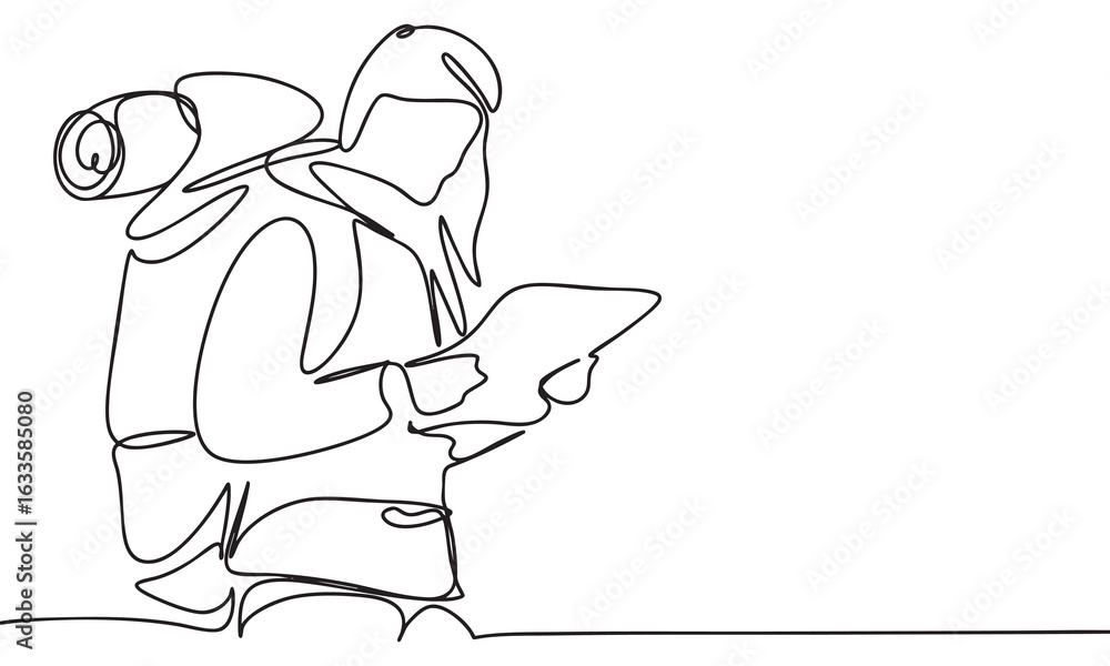 Poster explorer reading a map in a continuous line art style