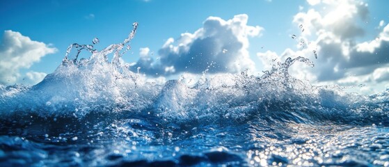 Splashing Water Against Blue Sky with White Clouds