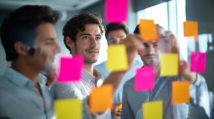Coworkers solving problem with sticky notes