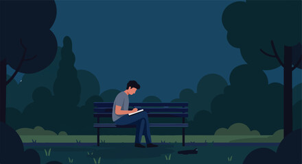 Naklejka premium Figure on bench, writing at night