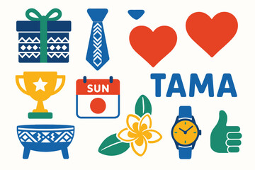 Father&rsquo;s Day Samoa vector set with gifts, traditional patterns, and tropical celebration icons in flat style.