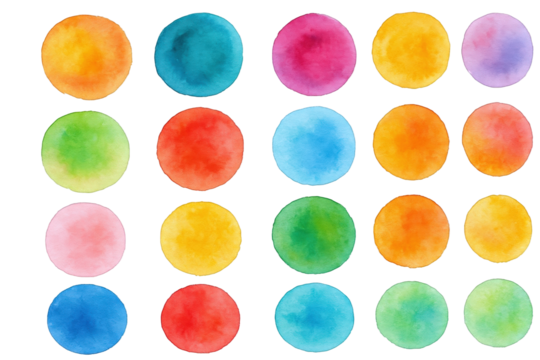 Vibrant Watercolor Circles in a Grid Pattern, Displaying a Spectrum of Bright and Cheerful Colors - Powered by Adobe