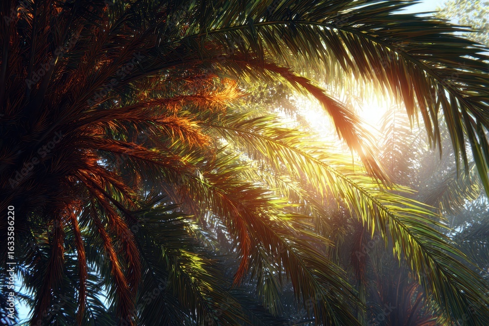 Poster sun rays filter through lush palm trees in a tropical forest, creating a serene and vibrant atmosphe