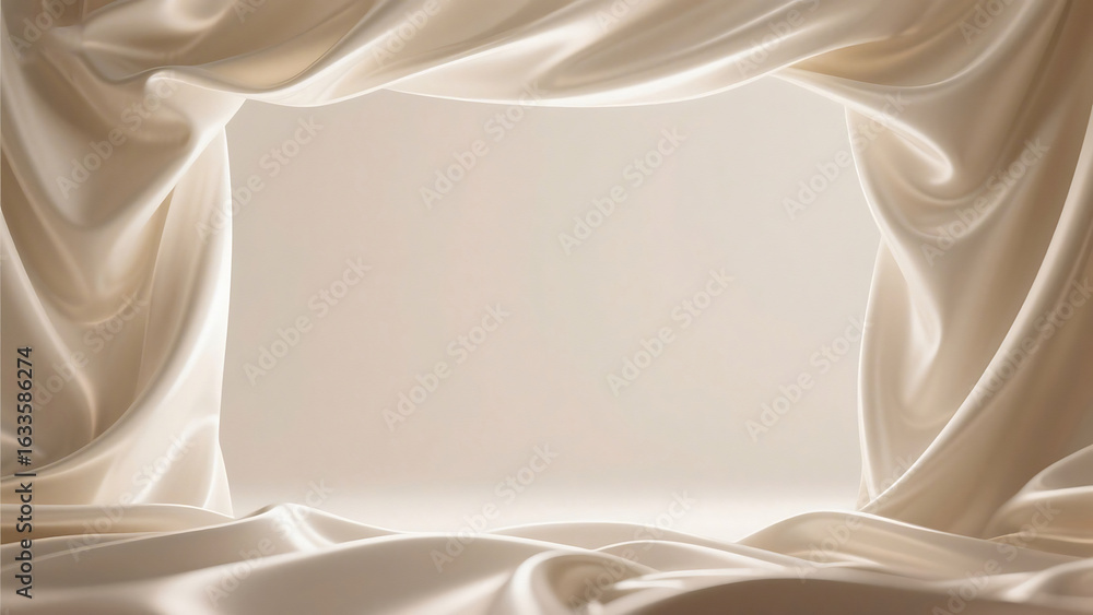 Poster elegant frame of draped cream colored fabric with soft folds and a light background for product disp