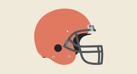 Football helmet is depicted with orange shell and gray facemask on a cream backdrop