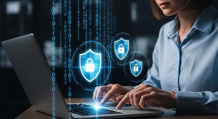 Secure digital data protection with cybersecurity shield icon