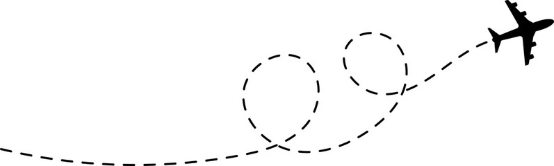 Airplane with dotted line route. Flying plane with twisted, curved, dashed trace path. Route icon - two points with dotted path. Route location illustration.