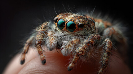 close up of jumping spider, realistic, sitting on a finger --ar 16:9 --profile t9x4rc7 --v 7 Job ID: 73c8997b-5103-4263-ad9a-c4981a3f33cb