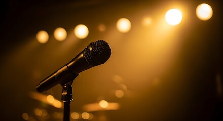 Obraz premium Stage Microphone Awaiting Performance with Warm Spotlight