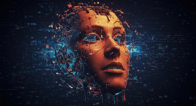 Artificial intelligence face disintegration, a digital transformation concept art - Powered by Adobe
