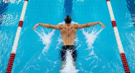 Swimmer's powerful butterfly stroke creates energetic splash in pool