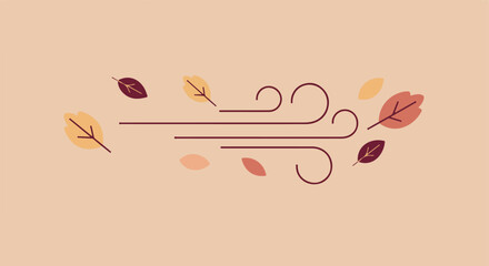 Windy illustration of fall leaves blowing in the wind on beige background