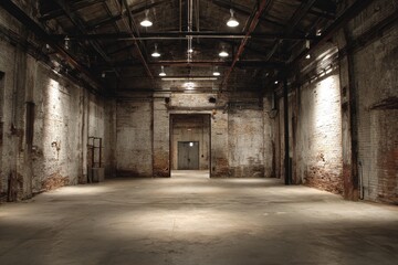 Empty warehouse interior with weathered brick walls and industrial lighting creating a nostalgic atmosphere in a spacious environment
