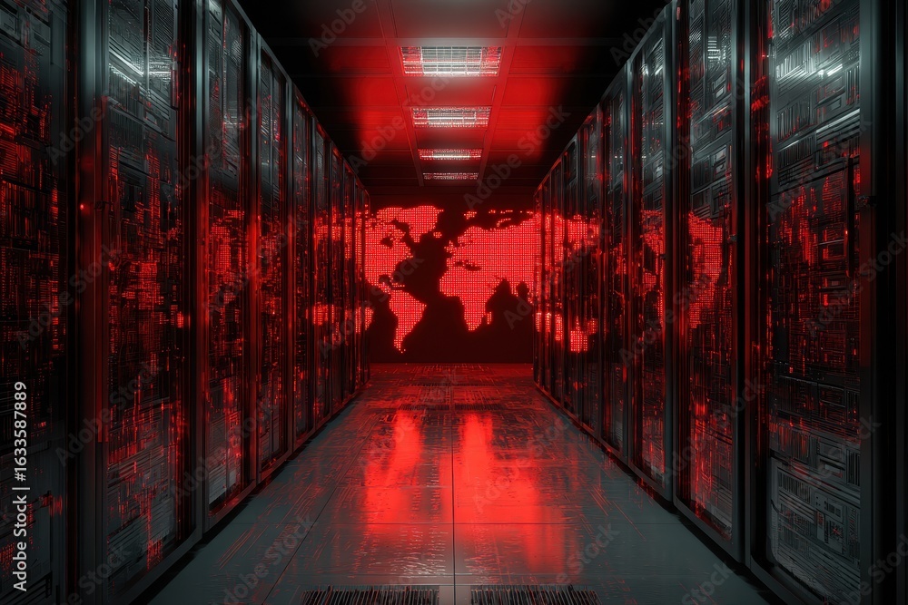 Poster server room featuring an illuminated world map in red, highlighting data connections and network act