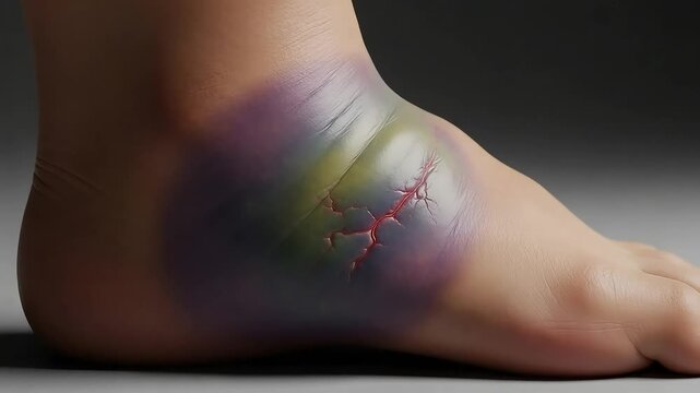 Foot injury with severe bruising and visible fractured blood vessels shown