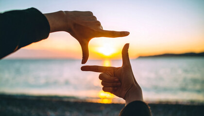 Framing sunset hands ocean view travel concept