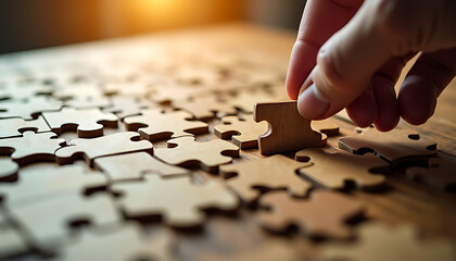 Hand placing the final piece into a wooden jigsaw puzzle