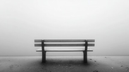 Wooden park bench in a foggy landscape.