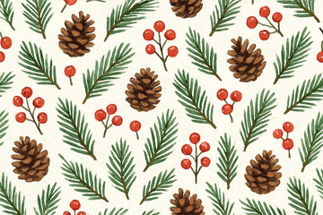 Obraz premium Festive christmas pattern with pine cones and red berries on a light background