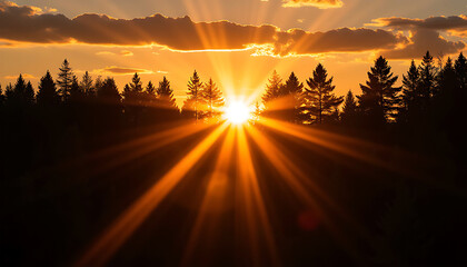 Dramatic sunset with sunburst rays over silhouetted forest trees