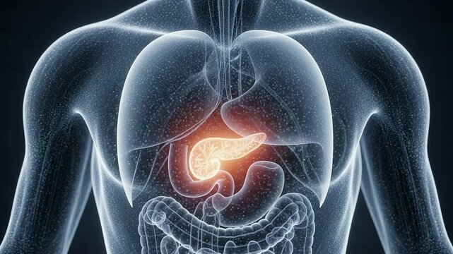 Human anatomy showing pancreas inflammation with internal organs view