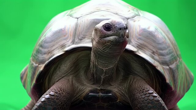 Giant tortoise isolated on green screen, looking directly at camera. Detailed shell and head shot for compositing.