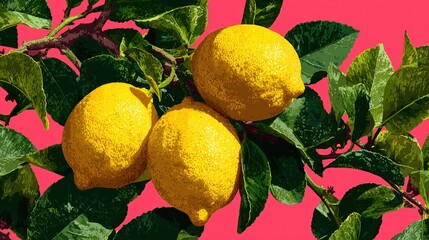 Vibrant Lemons on Lush Green Branches: A Bold, Colorful Citrus Fruit Illustration