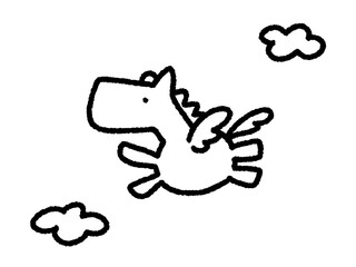 手描きのかわいい飛ぶペガサスのラインアート　2026 正月素材