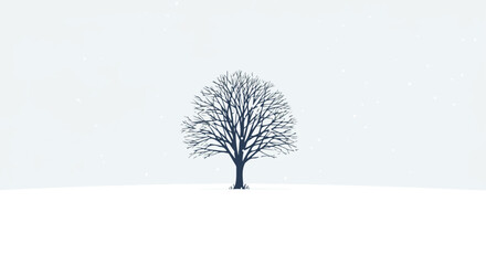 Solitary bare tree on snowy hill, lightly falling snow, minimalist, subtle colors