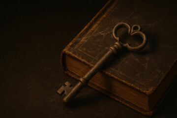 Aged metal skeleton key rests on old book, surrounded by cobwebs, evoking sense of mystery and nostalgia