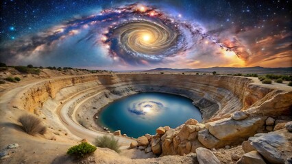 Obraz premium Surreal Desert Oasis: Cosmic Galaxy Swirl Above Tranquil Crater Lake at Sunset