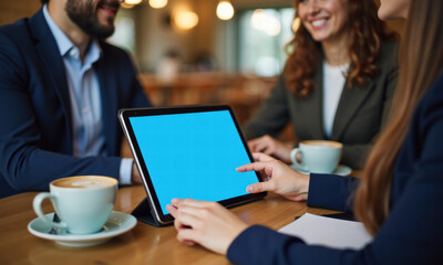 Business meeting over coffee with a tablet discussion.