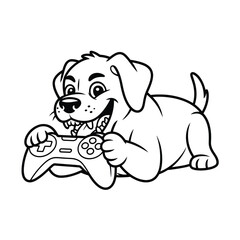 Happy cartoon puppy playing video games with a controller