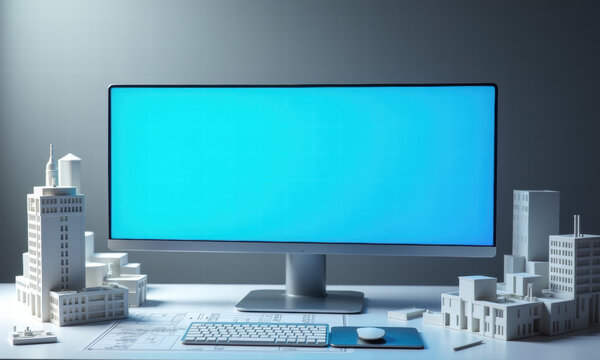 Computer with city models and blueprints representing urban planning and design.