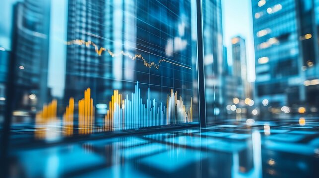 Financial data displayed on screens, cityscape blurred background